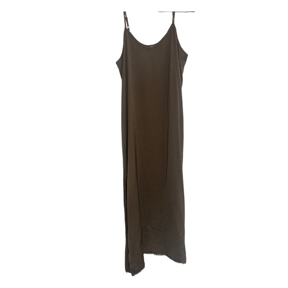 Aerie Olive Green Maxi Satin Slip Dress, Raw Hem, Leg Slits, Size Large - Picture 1 of 8
